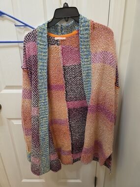 Multicolor Open-Front Knit Cardigan - Pink & Orange Patchwork